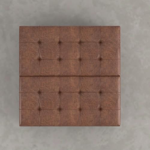 SIMPLIHOME Harrison Coffee Table Storage Ottoman - 36 inch Wide Upholstered Vegan Leather Square Lift-Top Ottoman in Distressed Pecan Brown, Transitional Ottoman for Living Room with Storage