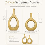 Brushed Gold Ceramic Vase Set 2,Modern Hollow Circle with Hole Flower Vase for Home Decor,for Table Centerpieces,Farmhouse,Fire Place,Living Room,Bedroom,Office,Bookshelf,Rustic Decor
