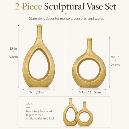 Brushed Gold Ceramic Vase Set 2,Modern Hollow Circle with Hole Flower Vase for Home Decor,for Table Centerpieces,Farmhouse,Fire Place,Living Room,Bedroom,Office,Bookshelf,Rustic Decor