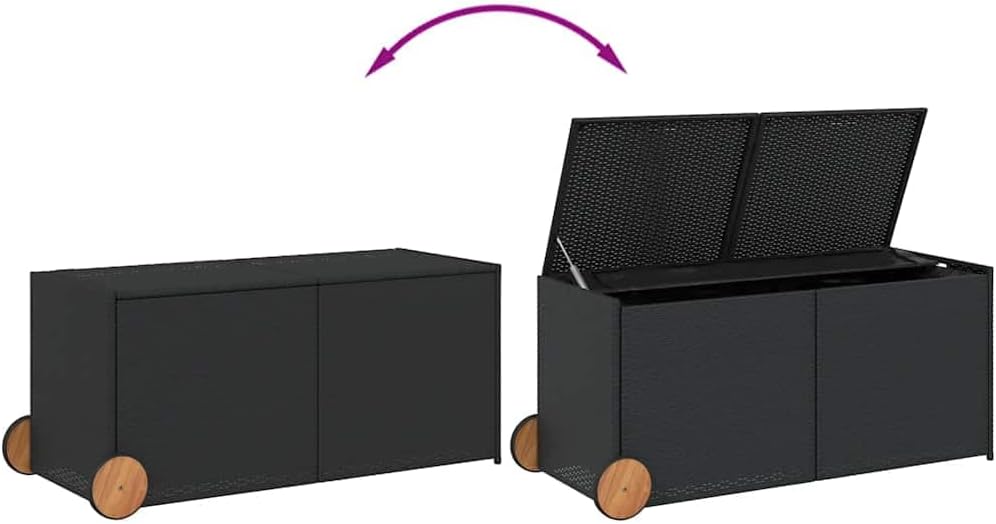 Garden Storage Box with Wheels 74.8 Gal Black Poly Rattan Resin Wicker Outdoor Patio Cushion Container Chest Weather Resistant for Backyard Deck