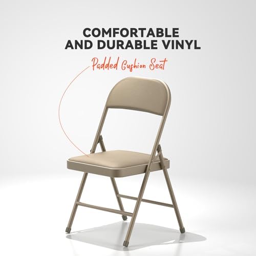 Nazhura Folding Chairs with Padded Vinyl Cushion Chairs with Comfortable Cushion and Durable Steel Frame for Home and Office, for Indoor and Outdoor Events (Kahki, Vinyl, 4 Pack)