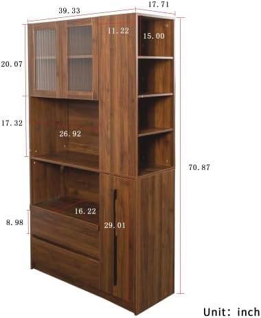 Farmhouse Kitchen Pantry Cabinet, 70.87" Tall Freestanding Cupboard with Multi-Tier Storage Rack and Microwave Stand for Kitchen, Dining Room, Walnut
