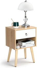 Mid-Century Modern Nightstand with Drawer and Open Shelf, Bedside Table with Solid Wood Legs and Adjustable Feet, Linen-Textured Side Table for Bedroom and Living Room, Oak & White (1 Pack)
