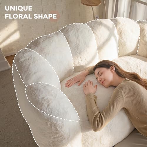 MAXYOYO Bean Bag Chair for Adults, Floral Shaped Bean Bag Sofa | Ultra Soft Faux Fur Floor Sofa, Large Reading Chair for Living Room Bedroom, Beige, Double