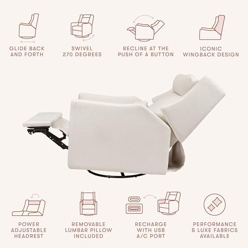 Babyletto Kiwi Plus Power Recliner and Swivel Glider with Power Headrest and USB Port in Performance Cream Eco-Weave, Water Repellent & Stain Resistant, Greenguard Gold and CertiPUR-US Certified