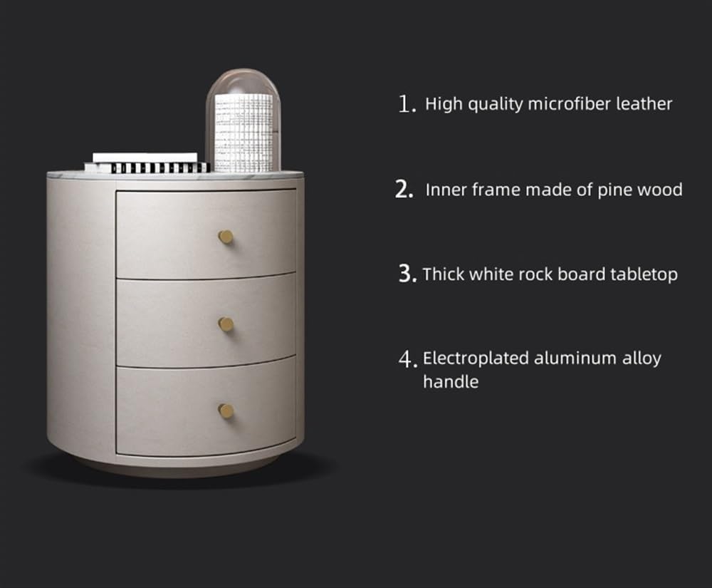 Bedside Table, Round Nightstand Night Stand Modern Nightstand Bedside Table with Drawers Modern Simple Rounded Corner Leather Bedroom Storage Cabinet for Living Room Bedroom(White)