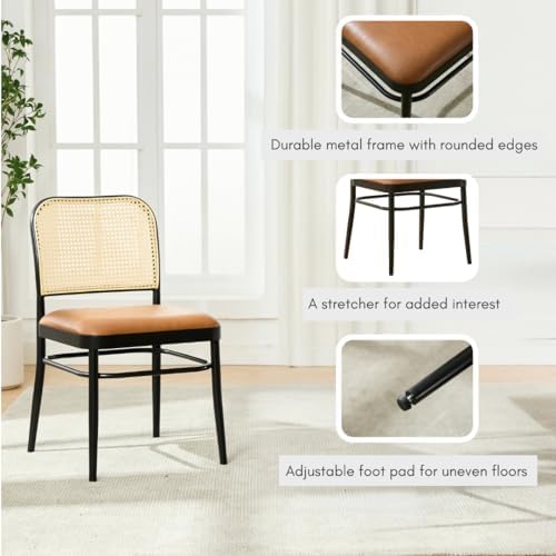 Rattan Dining Chairs Set of 6, Upholstered Faux Leather Dining Chairs with Cane Back, Mid Century Modern Kitchen & Dining Room Chairs, Boho Style, Brown