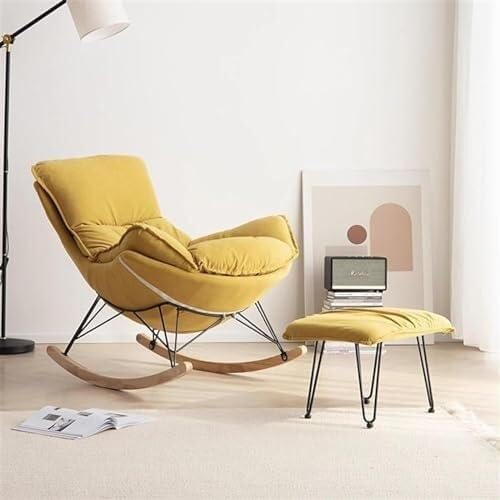 Comfortable Rocking Chair with Footstool, Upholstered Lounge Chair for Balcony & Indoor Bedroom, Ergonomic Sofa Chair for Relaxation (Yellow)