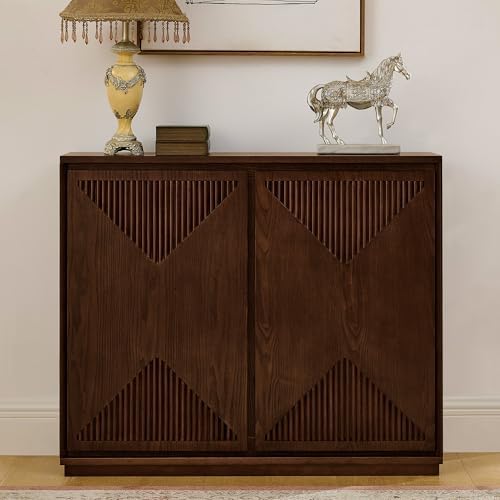 LKTART Mid Century Modern Sideboard Buffet Storage Cabinet with Doors and Shelves,Wood Coffee Bar Storage Cabinets for Kitchen, Dining Room, Living Room-Dark Walnut