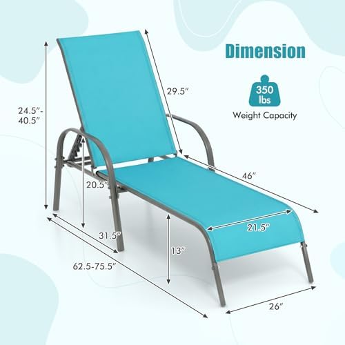 Tangkula Outdoor Lounge Chairs Set of 2, Patio Chaise Lounge with Adjustable Backrest, Reclining Pool Lounge Chairs for Outside with Heavy Duty Steel Frame for Beach, Yard, Balcony, Poolside