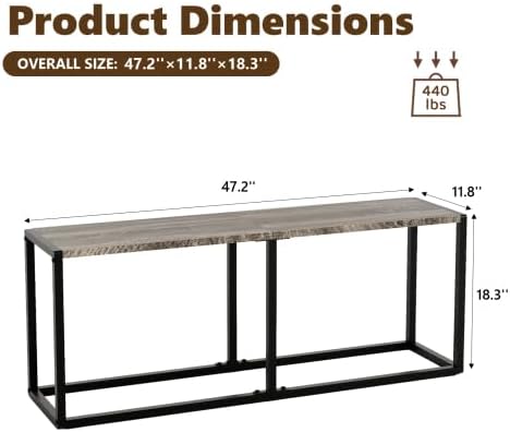VINGLI 47.2 Inch Indoor Outdoor Bench, Charcoal Gray Dining & Patio Bench with Heavy Duty Metal Frame, Backless Seating Bench for Dining Room, Garden, Porch, Balcony & Entryway