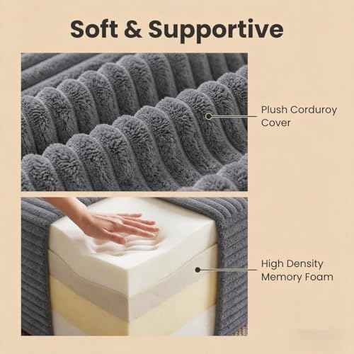 25.6" Corduroy Ottoman for Living Room,Plush Upholstered Ottoman for Couch,Memory Foam Compressed Sofa in A Box No Assembly Require,Dark Grey