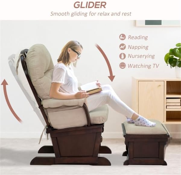 Nursery Glider with Ottoman, Upholstered Comfort Glider Rocker with Padded Cushion, Storage Pocket, Rocking Chair Nursery for Breastfeeding, Napping
