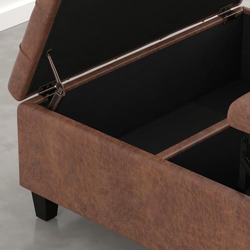 SIMPLIHOME Harrison Coffee Table Storage Ottoman - 36 inch Wide Upholstered Vegan Leather Square Lift-Top Ottoman in Distressed Pecan Brown, Transitional Ottoman for Living Room with Storage