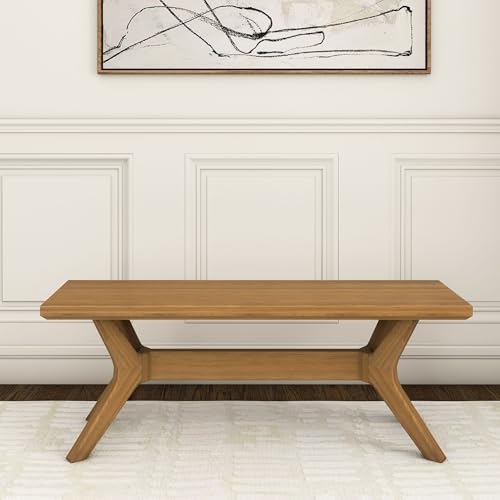 Plank+Beam Verso 48 Inch Modern Dining Bench, Pine Wood, Cross-Leg Base, Pecan