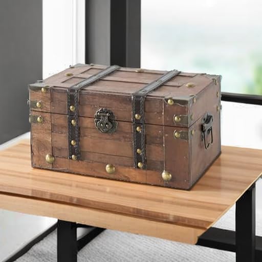 SLPR Alexander Small Wooden Treasure Chest - 11" x 7" x 5.5", Wood Storage Box with Hinged Lid, Decorative Trunk for Keepsakes, Vintage Pirate Chest for Classroom