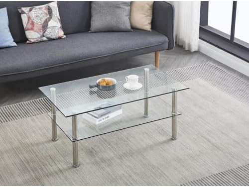 Modern Glass and Metal 2-Tier Side Table, Transparent Tstructure with Storage Space Underneath for The Living Room, Bedroom, or Home Office