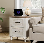 WAMPAT Antique White Side Table Nightstand with Charging Station, Wood End Table with 2 Drawers for Living Room, Rustic Night Stand Farmhouse Bedside Table for Bedroom, Kids Room