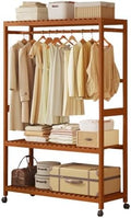 Bamboo Clothes Rack with Shelves - Portable Wooden Wardrobe, Free Standing Garment Rack with 2 Storage Shelves & Wheels for Bedroom, Stylish Open Design for Easy Organization