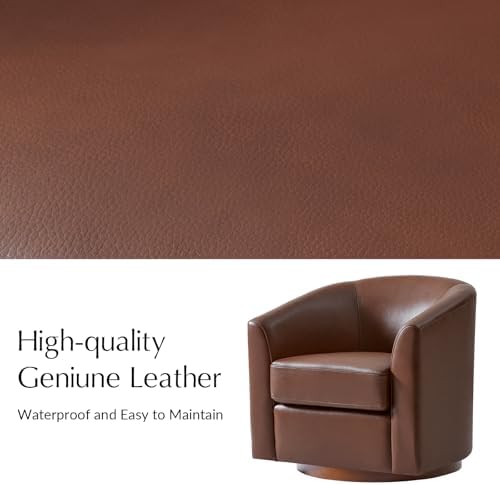 HULALA HOME Genuine Leather Swivel Barrel Chair with Solid Wood Base, Brown | Transitional Round Swivel Accent Chair with Flared Armrests, No Assembly Required, for Living Room Bedroom Reading Relaxation