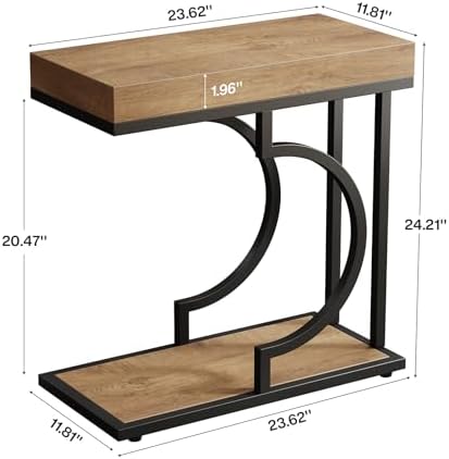 Tribesigns Narrow Side Table for Couch, C Shaped End Table with Metal Frame, Farmhouse Bedside Tables, Small Sofa Tables for Small Spaces, Living Room (1, Natural+Black)