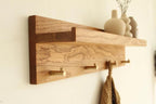 Solid Oak Wall Mounted Coat Rack Shelf with 5 Brass Hooks, Entryway Hanging Key Holder Organizer, Modern Wooden Wall Shelf with Hooks for Hallway, Living Room, Bathroom