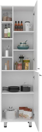 White Pantry Cabinet for Kitchen - Vertical Storage Solution with Modern Silver Handles, Ideal for Compact Spaces, Perfect for Utensils, Linens & Accessories, Durable Design