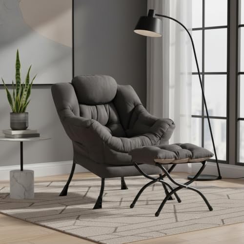 Lazy Chair with Ottoman, Modern Accent Chair Contemporary Sofa Chair with Armrests, Reading Chair and Folding Footstool Set for Living Room, Bedroom, Office, Dark Grey