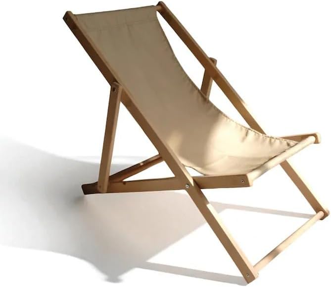 Wooden Folding Beach Chair, Outdoor Sling Chair with Beige Canvas, Portable Lounge Chair for Patio, Deck, Yard, Poolside, Beach, Balcony