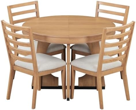 Bellemave Extendable Dining Table Set with 4 Upholstered Chairs, 5-Piece Round Kitchen Table Set with Removable Middle Leaf for Kitchen, Dining Room (Natural)