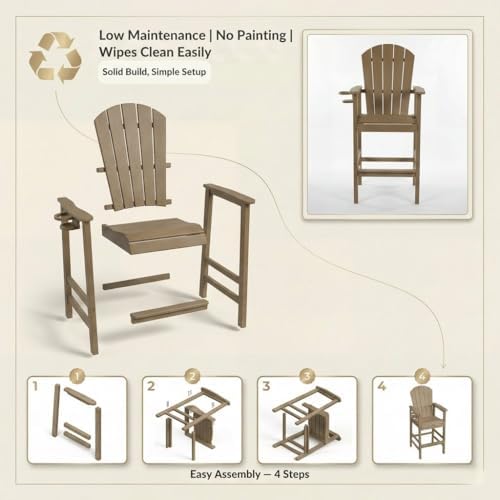 WILLIAMSPACE Patio Bar Chair Bar Stool, Outdoor All Weather HDPE Height Adirondack Chair with Armrests & Cup Holder, 1-Piece Counter Height Chair for Pool, Garden, Kitchen, ONLY 1 Chair (Brown)