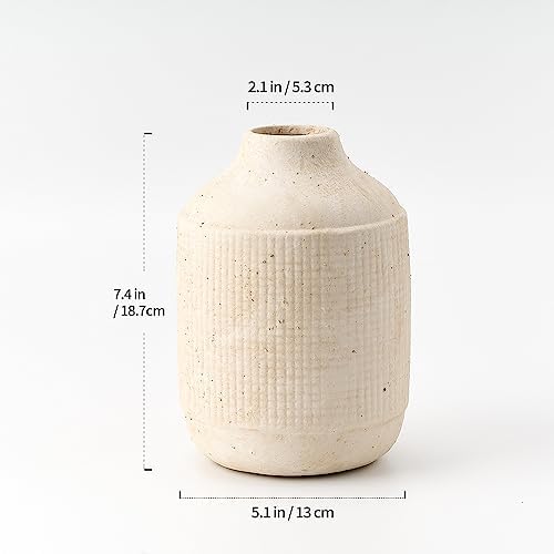 SIDUCAL Ceramic Rustic Farmhouse Vase | 7 Inch Pottery Decorative Flower Sand Glaze Finish Boho Vase for Home Decor, Table, Living Room, Bathroom Decoration, Shelf Decor, Mantel, White