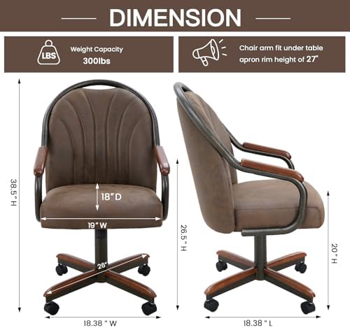 Chromcraft Douglas Set of 1 Casual Dining Chairs Classic Swivel Tilt Dining Chairs with Casters, Wooden Arm Metal Base Chairs with Rolling Wheels for Kitchen & Dining Room (Mocha-Walnut)