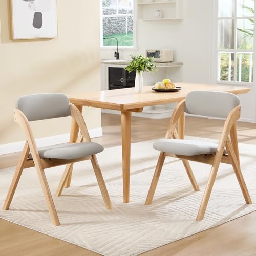 2-Pack Folding Chairs with Cushion Linen Padded Foldable Chairs Raw Wood Folding Dining Chairs for Dining Rooms Kitchen Parties Offices Indoor Outdoor Light Grey