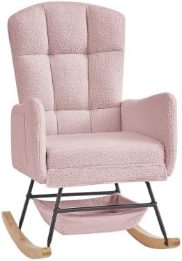 Pink Teddy Rocking Chair for Nursery, Upholstered Glider Rocker with High Backrest, Comfy Accent Armchair for Living Room Bedroom, Metal Frame & Solid Wood Legs