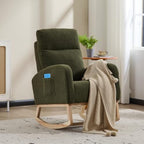 Green Upholstered Teddy Glider Rocker, High Back Armchair with Side Pocket and Solid Wood Legs, Modern Nursery Rocking Chair for Living Room Bedroom Office