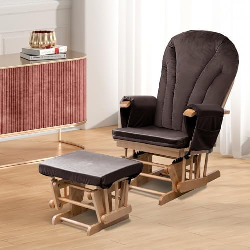 ANMINY 5pcs Glider Rocker Replacement Cushions Set with Ottoman Cushion, 3.5Inch Thickened Velvet Glider Rocking Chair Cushions with 29 inch High Backrest & Side Pockets for Indoor Nursery, Brown
