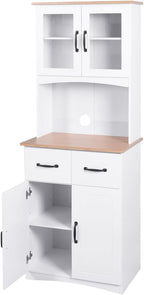 White Wooden Kitchen Cabinet, Pantry Storage Unit with Framed Glass Doors, Microwave Stand & Drawer, for Living Room, Dining Room, or Kitchen