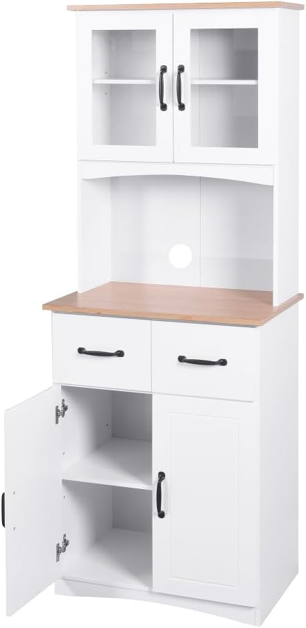 White Wooden Kitchen Cabinet, Pantry Storage Unit with Framed Glass Doors, Microwave Stand & Drawer, for Living Room, Dining Room, or Kitchen
