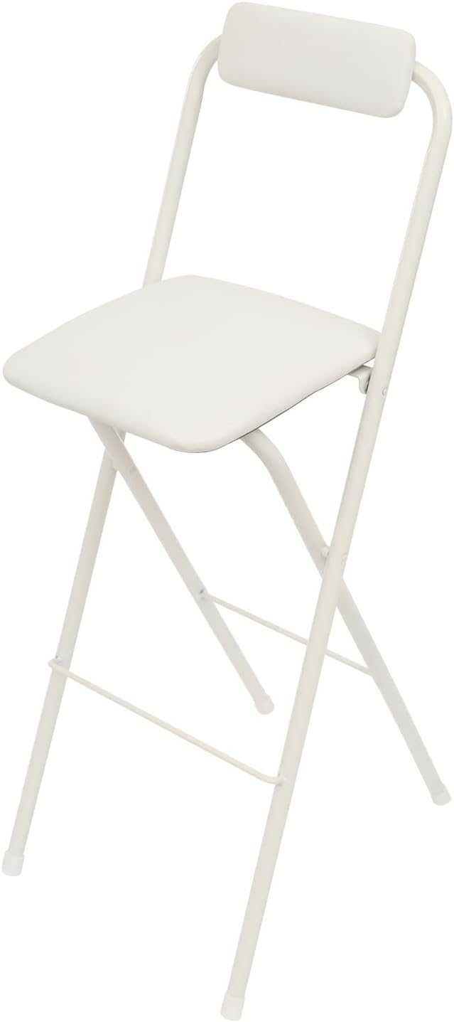 Folding Bar Stool with Backrest, 29 Inch Leather Padded Counter Height Foldable Stool Portable Tall Foldable Chair 275LBS for Gardening Outdoor Kitchen Camping Shop Cafe (White, 1 Pack)