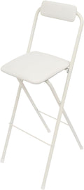 Folding Bar Stool with Backrest, 29 Inch Leather Padded Counter Height Foldable Stool Portable Tall Foldable Chair 275LBS for Gardening Outdoor Kitchen Camping Shop Cafe (White, 1 Pack)