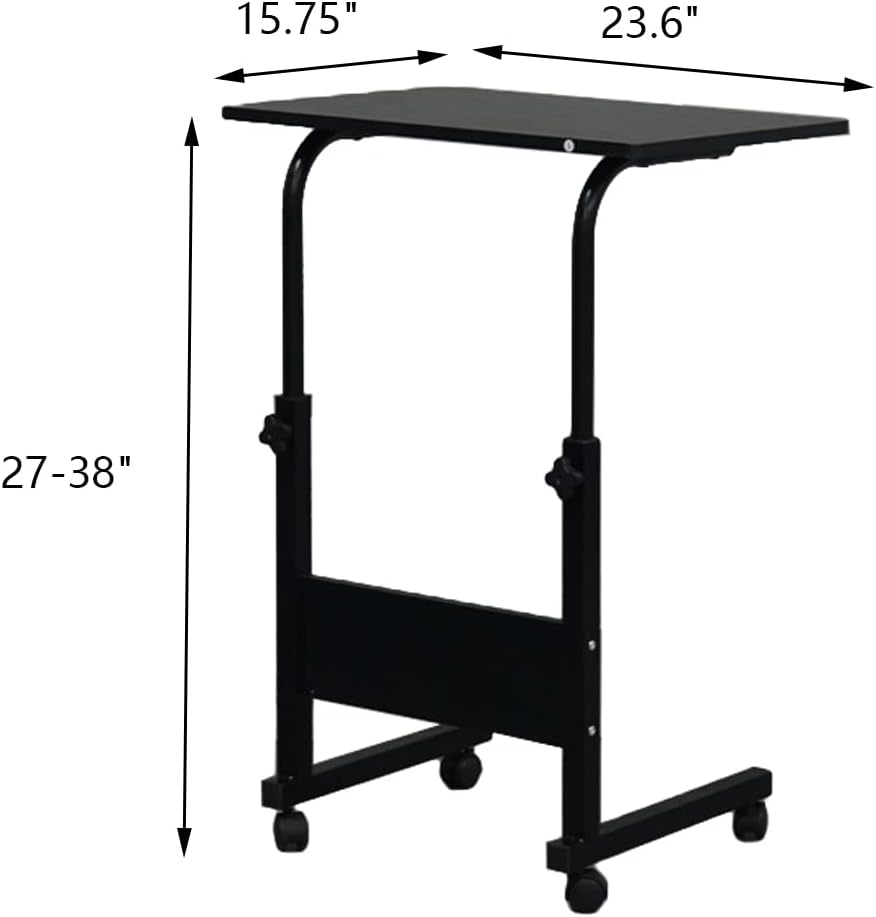 Height Adjustable Sofa Side Table Wood End Table with Wheels, Small Rolling Bedside Laptop Snack Table, Wooden Top & Metal Frame (Black)