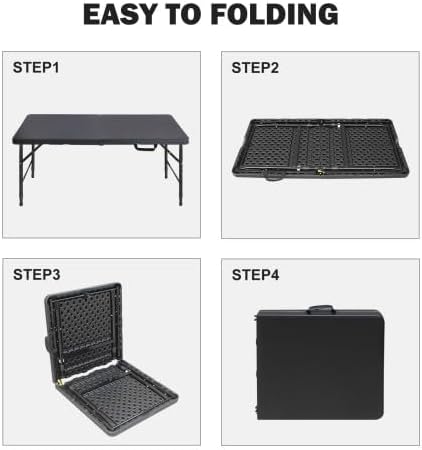 Folding Table 4FT, Portable Heavy Duty Plastic Folding Table with Handle, Waterproof, Easy to Clean, Adjustable Height, Anti-Slip Feet, 300LBS Capacity, Foldable for Indoor Outdoor Use(Black)