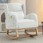 Ivory Teddy Rocking Chair for Nursery, Upholstered Glider Rocker with High Backrest, Comfy Accent Armchair with Wooden Legs for Living Room Bedroom