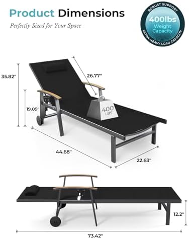 Outdoor Lounge Chair with Pillow, 5-Position Aluminum Chaise Lounge with Wheels & Armrests, 400 lbs Heavy Duty Patio Pool Chair for Backyard, Deck, Beach & Poolside (Black)