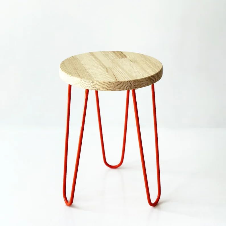 Handmade Minimalist Stool - Colorful Wooden Side Table with Hairpin Legs, Natural Pine Wood Seat with Powder-Coated Metal Legs, Multifunctional Accent Stool for Living Room, Kitchen, Bedroom
