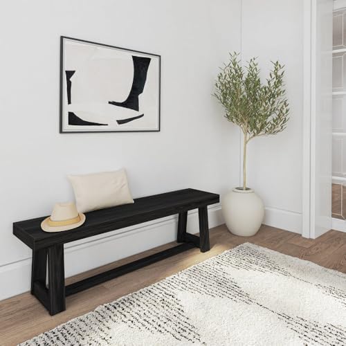 Plank+Beam 60 Inch Farmhouse Dining Bench, Solid Wood Entryway Bench, Wooden Outdoor Bench, Kitchen Dining Seat, Dining Room, Home Office, Living Room Furniture, Easy Assembly, Black Wirebrush