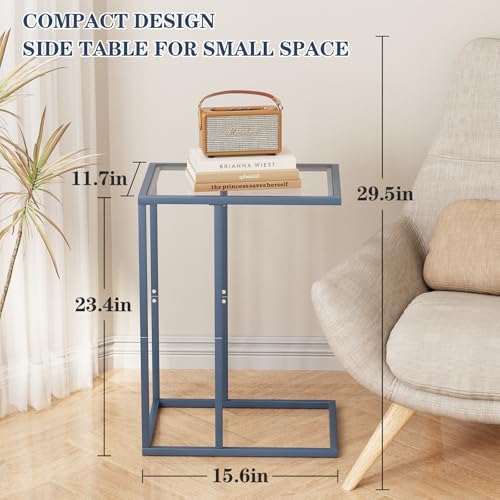 Easy Paws C Table End Table Set of 2, Glass Couch Side Table, Tempered Glass Snack Table with Metal Frame, TV Tray Table for Small Space, Sofa Couch Side Tableand Bed Side Table(Blue)