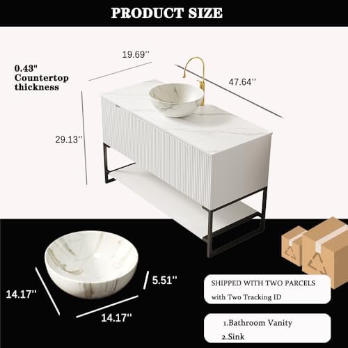 48" Bathroom Vanity with Vessel Sink & 3 Soft-Closing Doors & Open Shelf, Freestanding Bathroom Cabinet with Ceramic Basin and Carrara White Sintered Stone Counter Top-Colmar, White/S