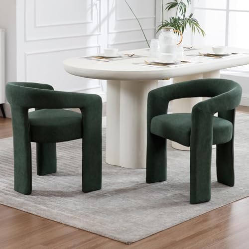 KIVENJAJA Barrel Dining Room Chairs Set of 6, Green Modern Boucle Kitchen Chairs with Round Back & Arm, Comfy Sherpa Upholstered Accent Armchair for Living Room Recption Office Vanity